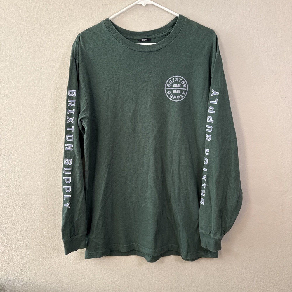 Brixton‎ Green Long Sleeve Round Logo Sleeve Hits Tee T-Shirt Large Double Sided